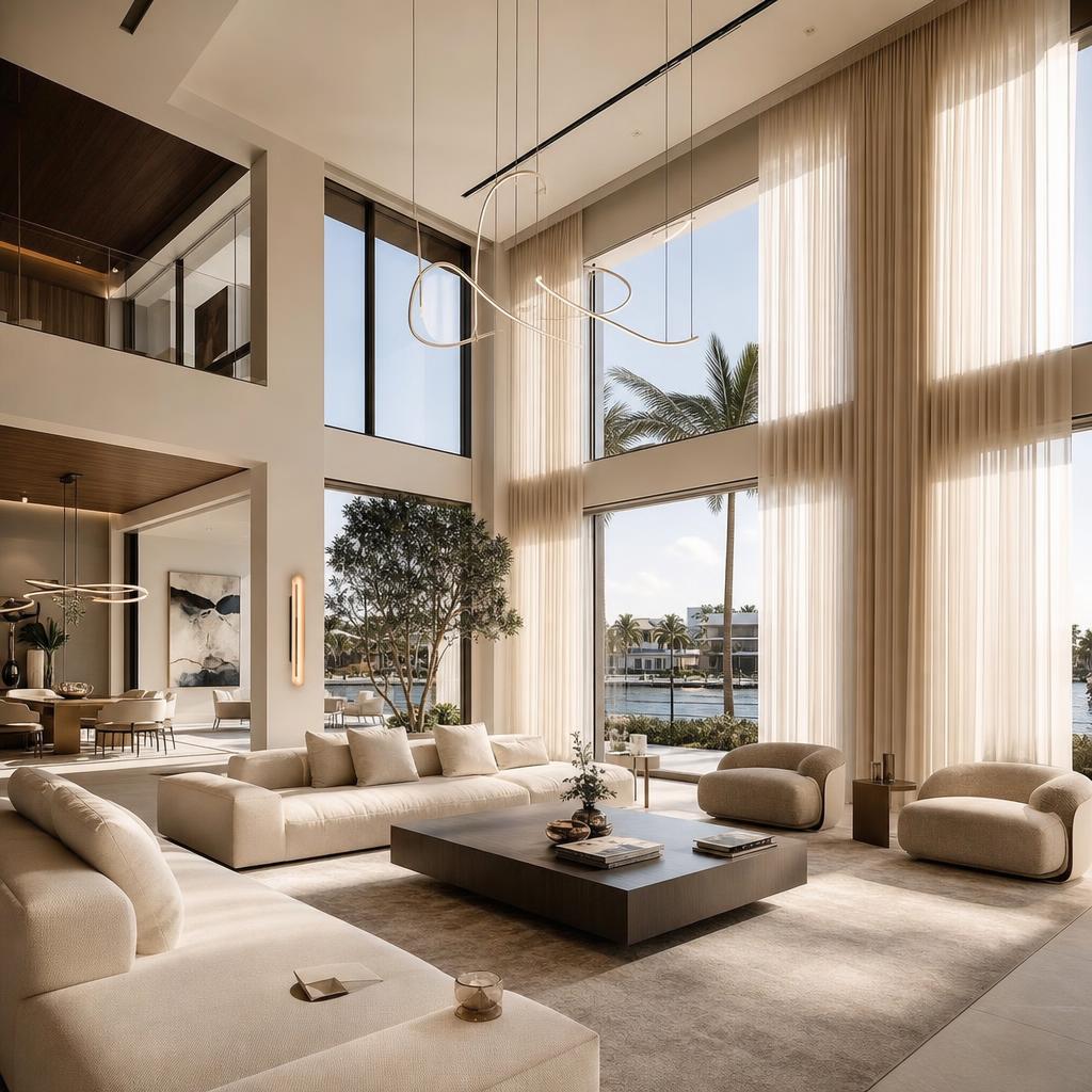 Luxury modern living room with double height ceilings